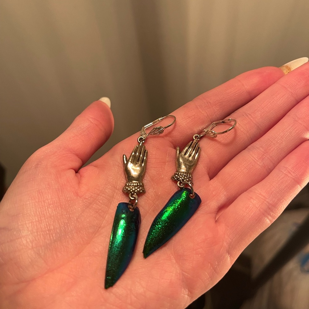 Unique Hand and Green Dagger Earrings